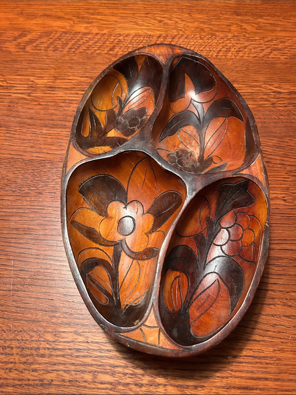 Vintage Brown & Black Hand-Carved Floral Divided Serving Tray